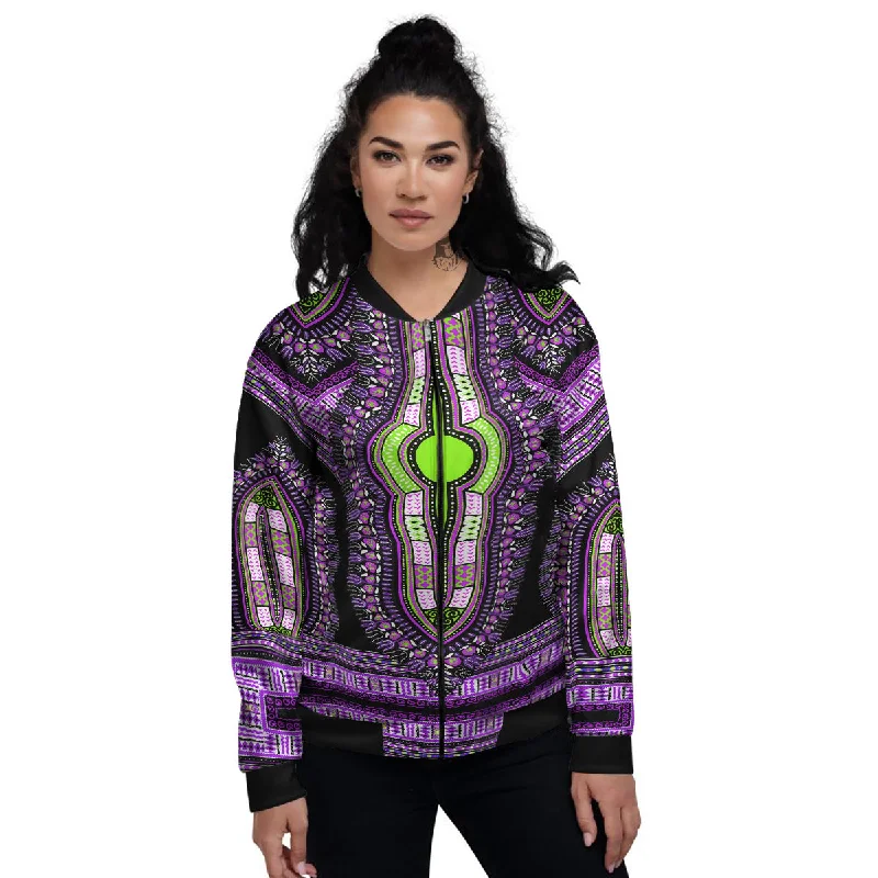 African Dashiki Purple And Black Print Women's Bomber Jacket