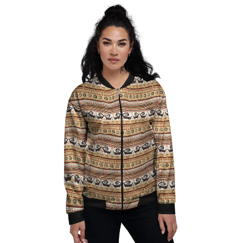 African Ethnic Brown Print Pattern Women's Bomber Jacket