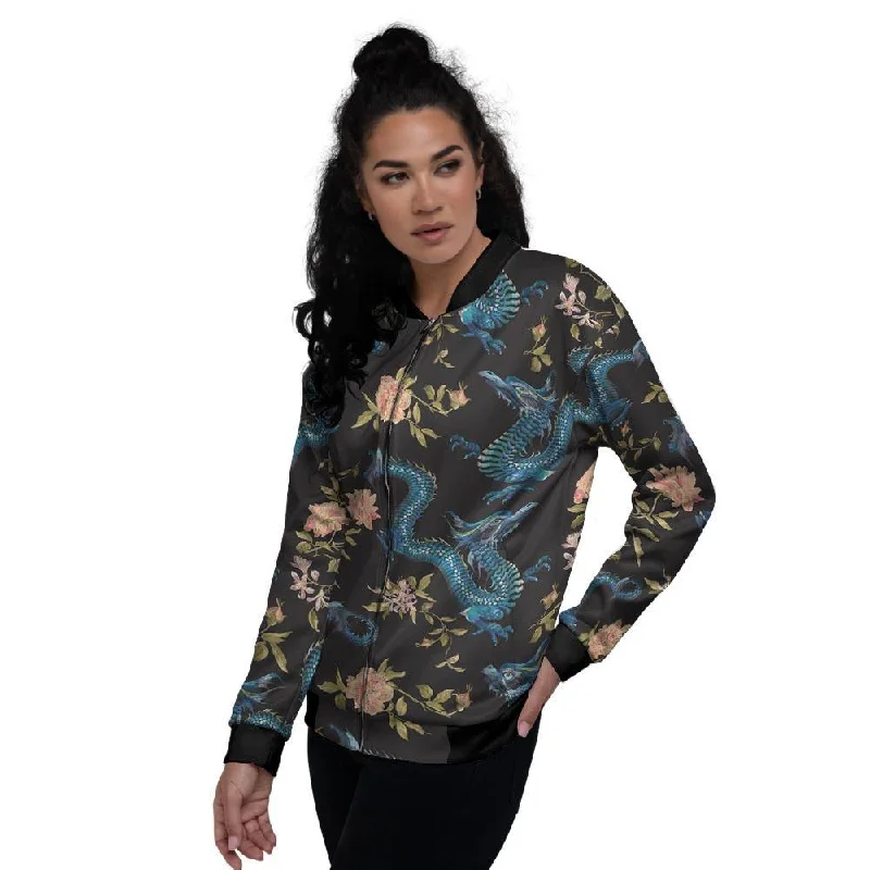 Blue Chinese Dragon Floral Print1 Women's Bomber Jacket