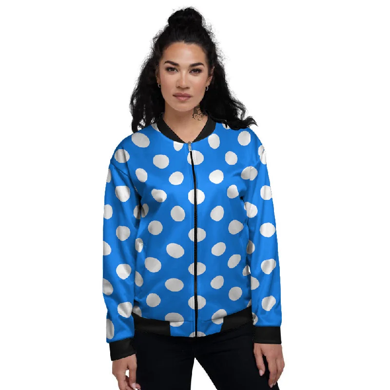 Blue Color Polka Dot Print Pattern Women's Bomber Jacket