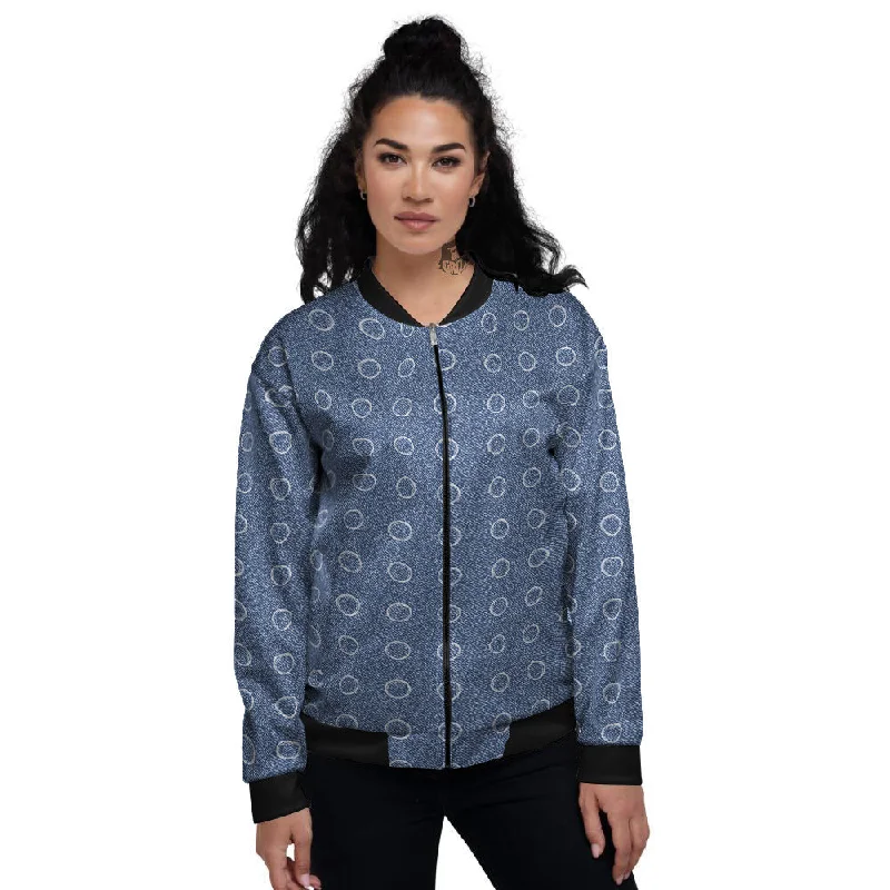 Blue Denim Jeans Polka Dot Print Pattern Women's Bomber Jacket