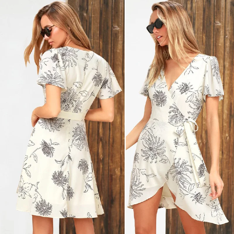 Women's Deep V Neck Short Sleeve Floral Prints Crossover Belted Midi Wrap Dress