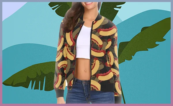 Black Hot Dog Pattern Print Women Casual Bomber Jacket